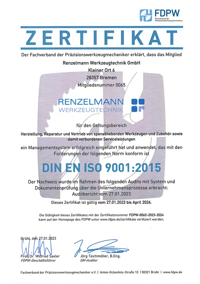Zertifikatsurkunde ISO 9001 RzmW FDPW 2023